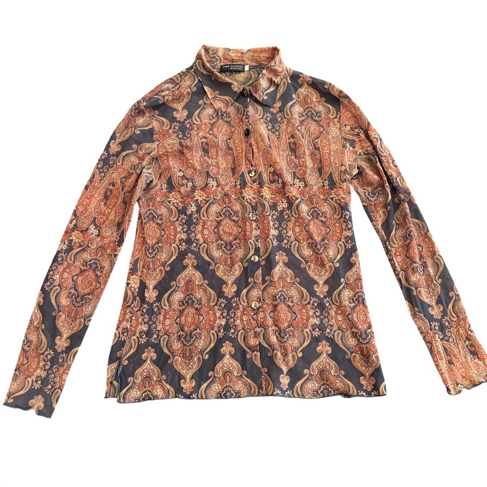 Sara Glenzer Everyday Mesh Button Down Shirt Paisley Sheer Long Sleeve Top M